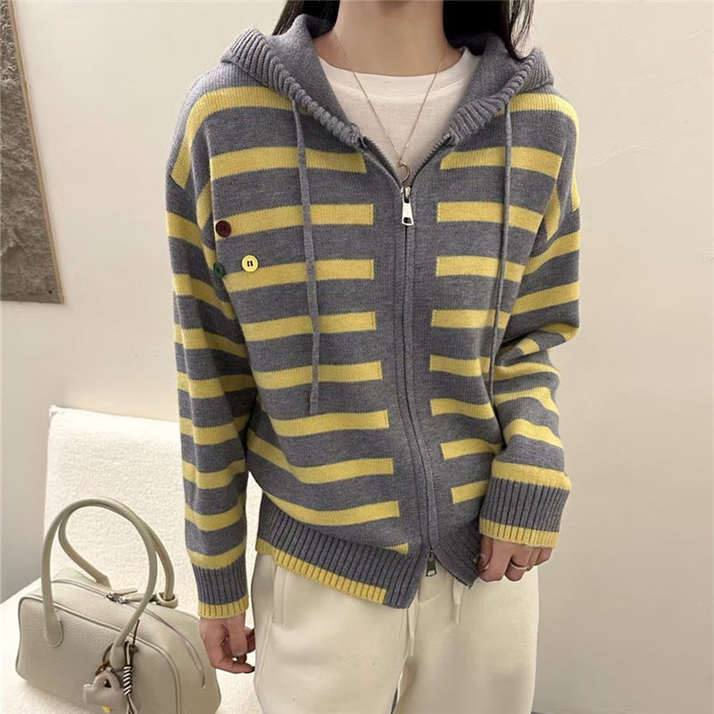 Chic Women's Striped Knit Cardigan Sweater with Unique Design