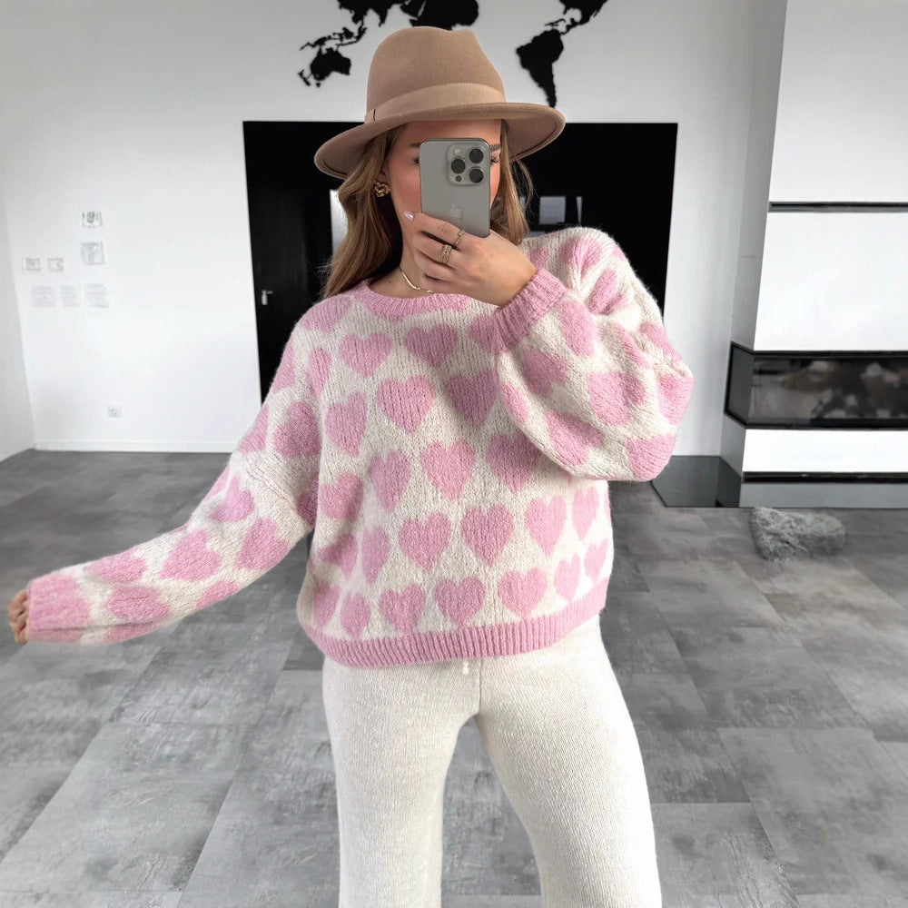 Love jacquard contrasting pullover sweater