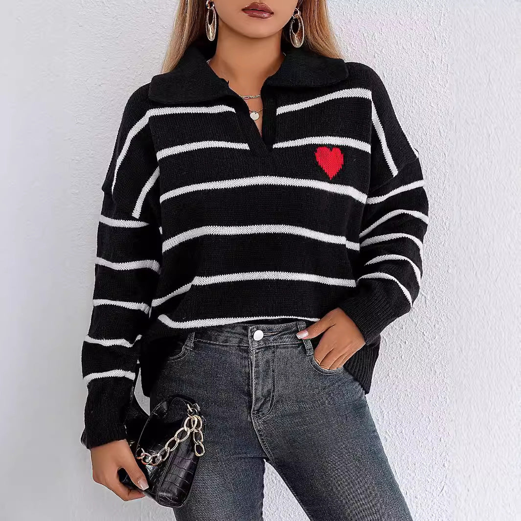 Lady Knit Sweater Top with Color Block Stitching, Stripe and Heart Pattern, Polo Neck