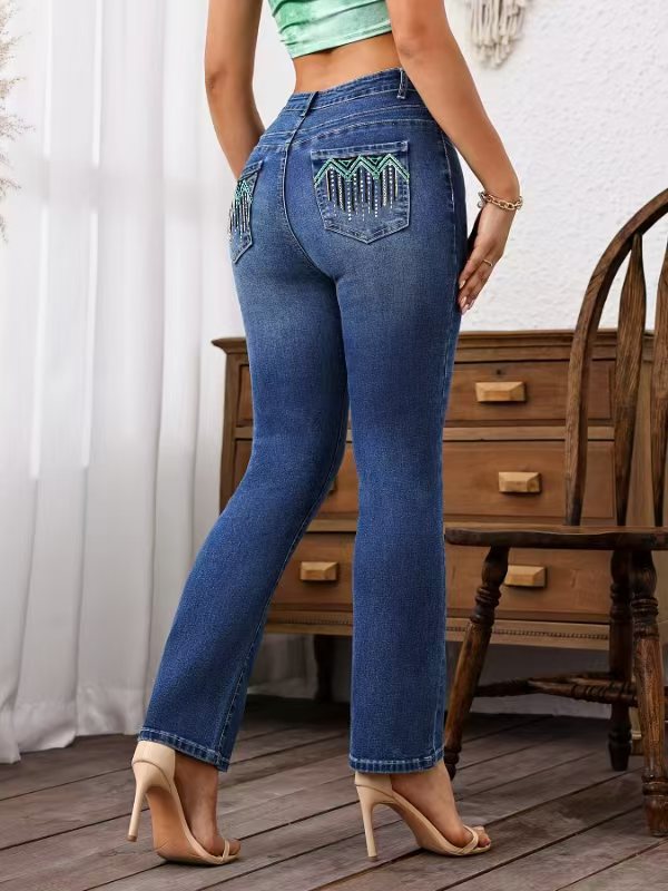 Classic Stretch Denim Jeans Women, Embroidered Blue Denim Cotton, Fashion Style, High Waist, Elastic Waistband, Casual Wear