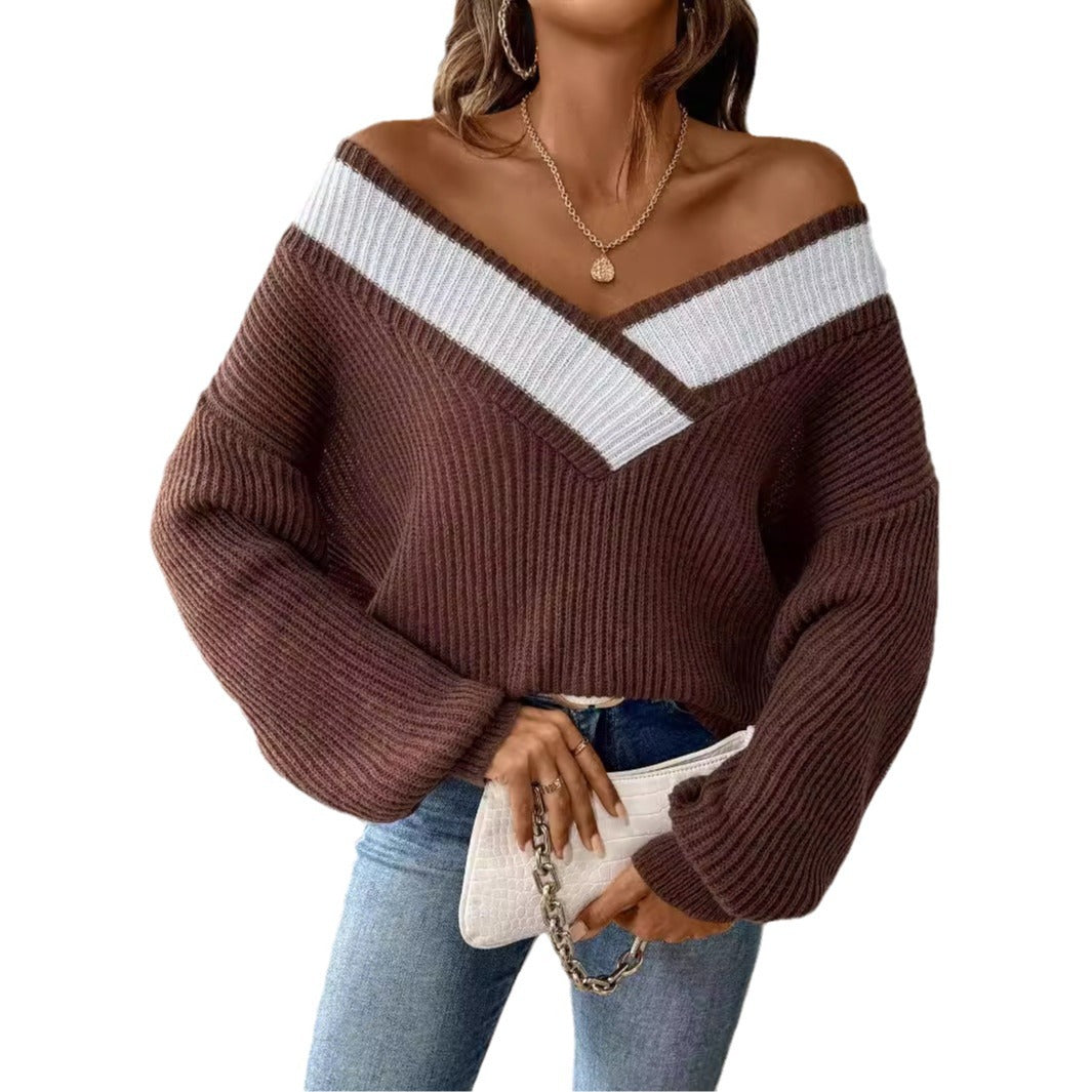 V-neck Loose Knit Sweater for Women, Oversized Pullover Sweater