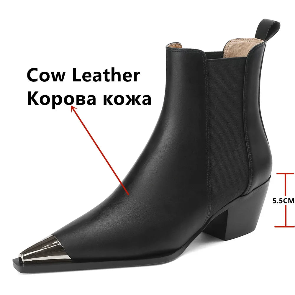 Botines Chelsea de piel auténtica para mujer con tacón ancho y adorno metálico, para otoño e invierno