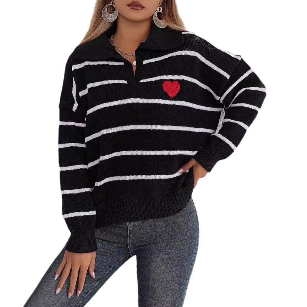 Lady Knit Sweater Top with Color Block Stitching, Stripe and Heart Pattern, Polo Neck