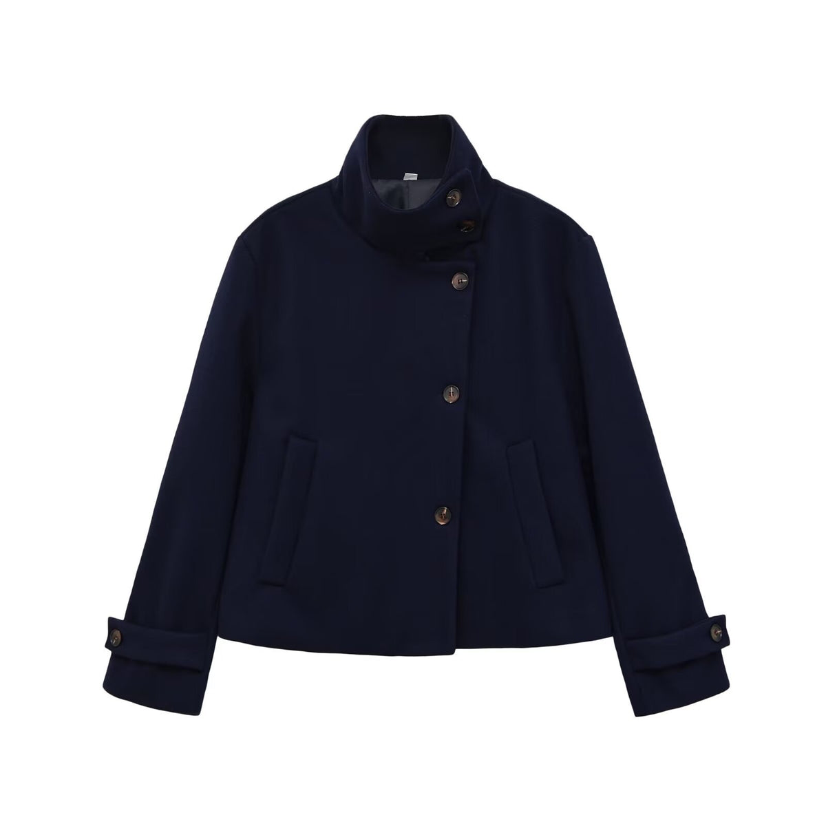 Slant breasted single breasted standing collar woolen coat for women