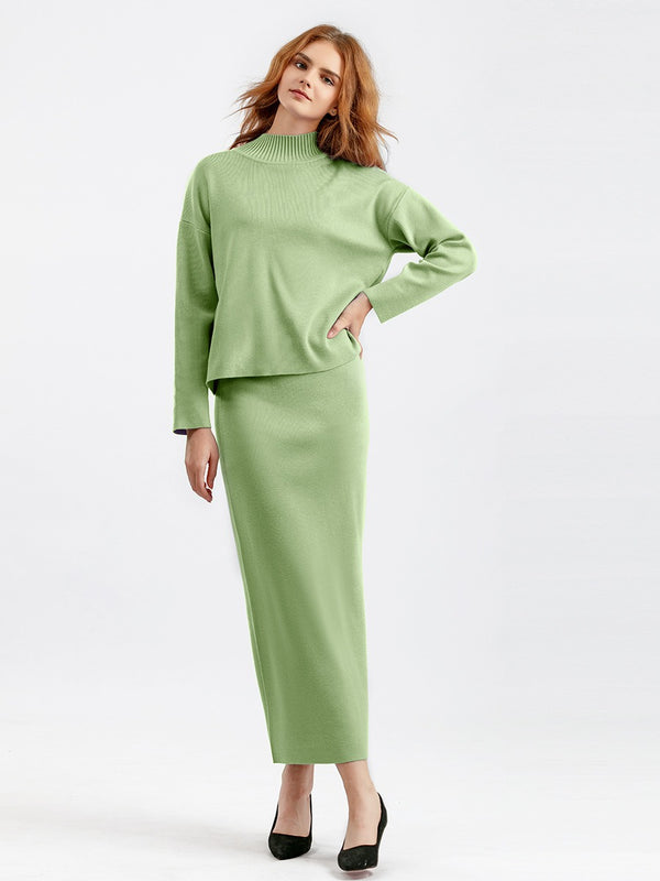 Conjunto de punto de dos piezas para mujer con jersey de cuello alto y falda larga recta, abrigado para invierno.