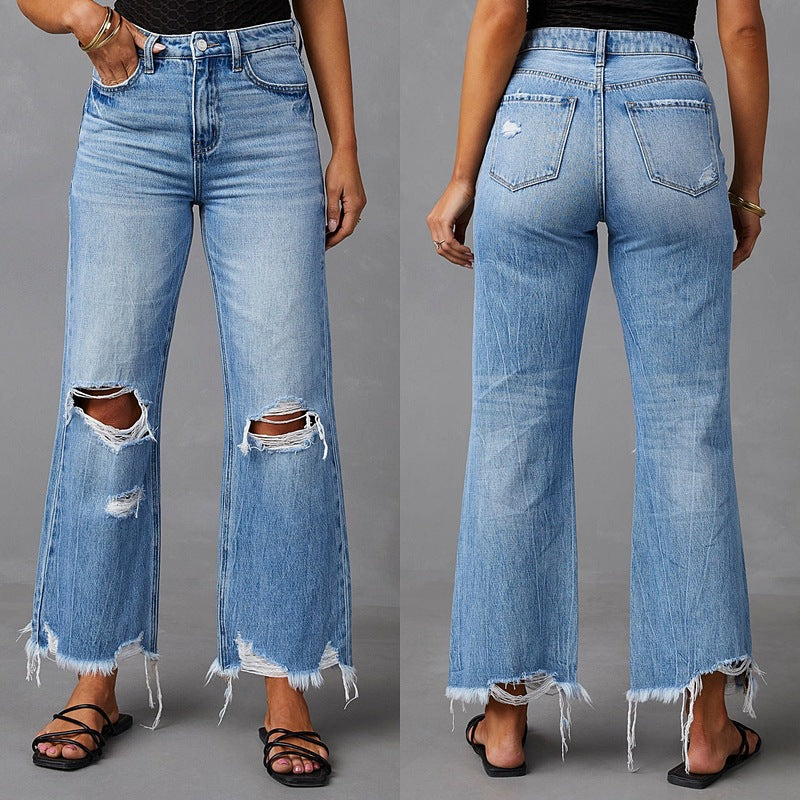Flared Leg Fringe Washed Tie-Dye Ripped High Waist Jeans Straight Leg Casual Long Pants Women