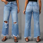 Flared Leg Fringe Washed Tie-Dye Ripped High Waist Jeans Straight Leg Casual Long Pants Women