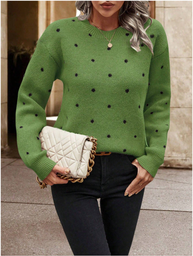Round neck long sleeved pullover women's polka dot jacquard knitted sweater