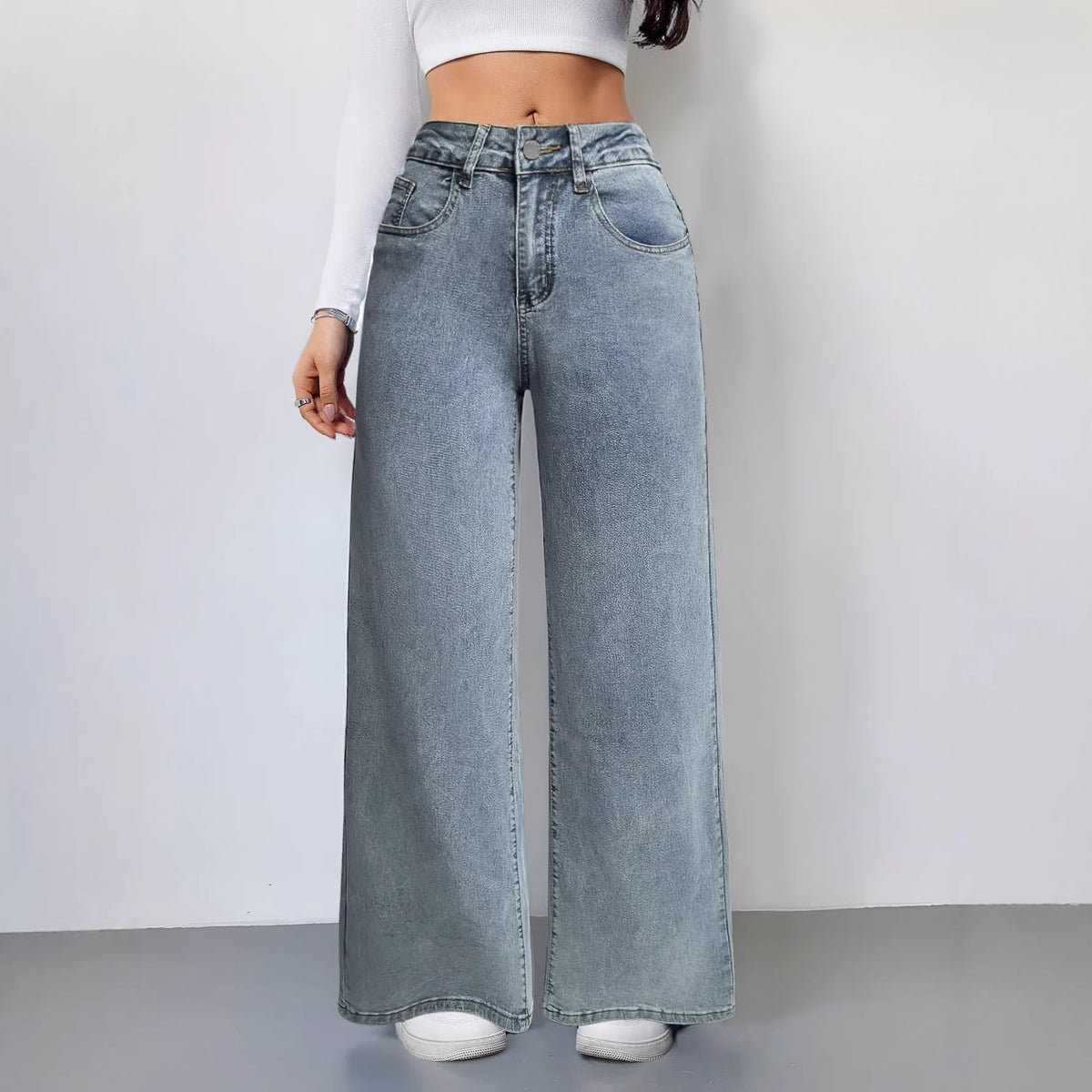 Loose High-Waisted Wide-Leg Jeans with Pink Bow Embroidery on Back Pocket