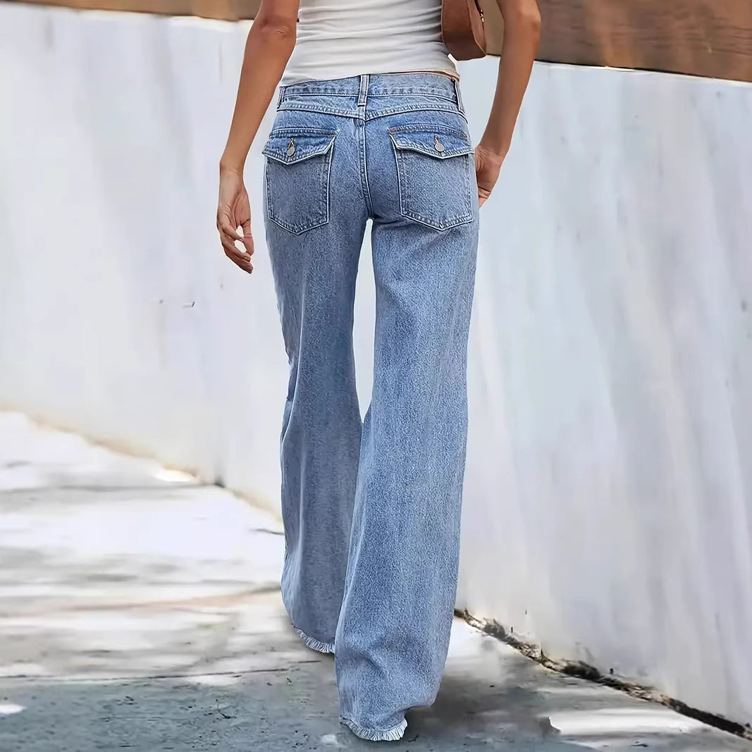 loose fit with large pockets women's retro frayed hem wide-leg jeans
