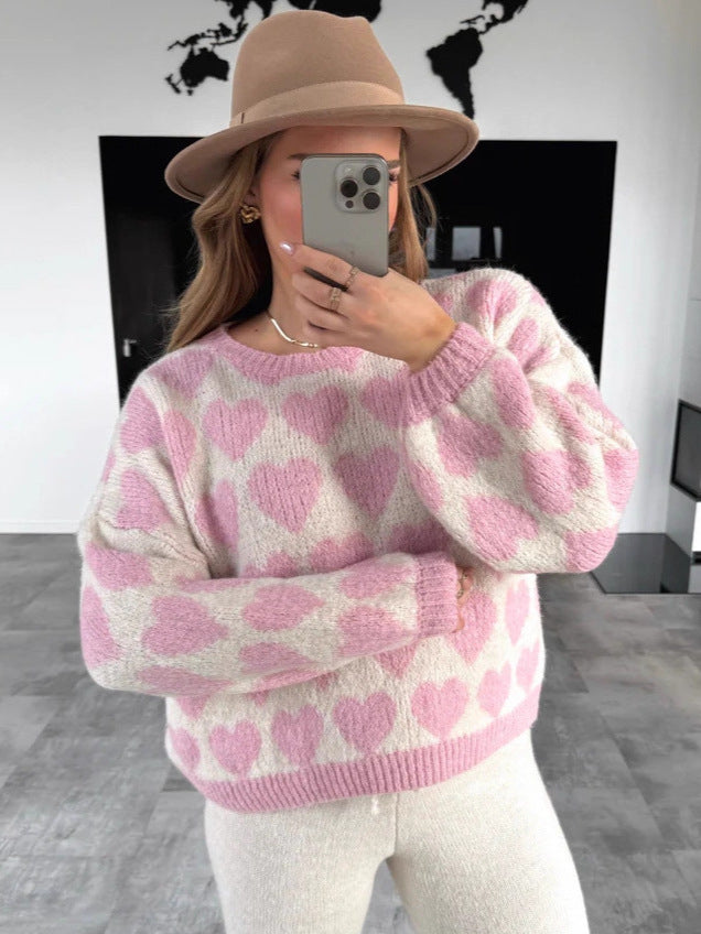 Love jacquard contrasting pullover sweater