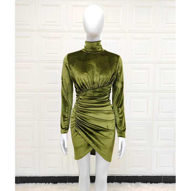 Vestido elegante de fiesta de franela, ajustado y plisado, con cuello alto y manga larga
