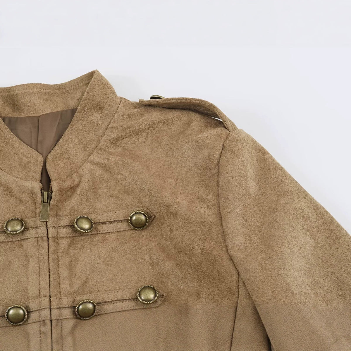 Knot button embellished suede textured stand up collar jacket for women
