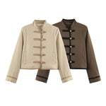Loose knot breasted long sleeved stand up collar jacket for women