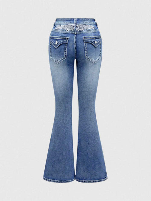 Blue Denim Long Pants with Embroidery Design
