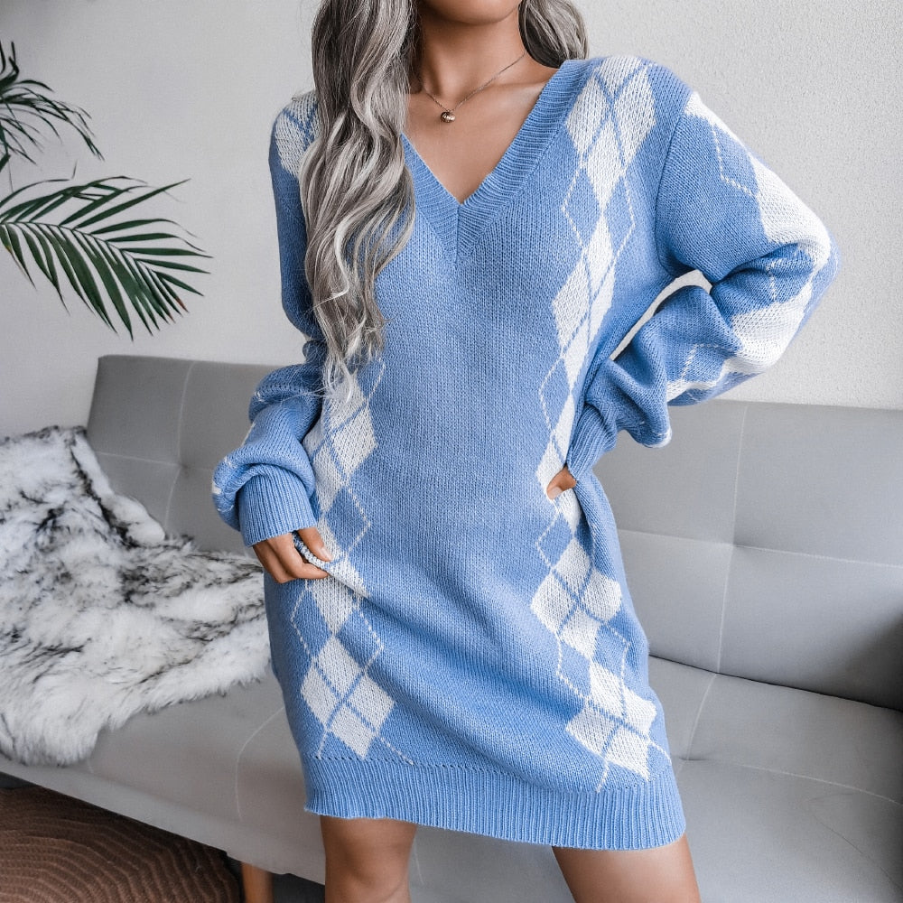 Vestido de punto para mujer con hombros descubiertos y manga larga abullonada, para otoño e invierno