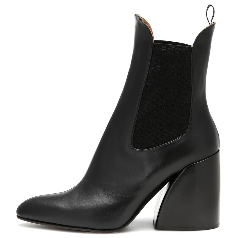 Botines elegantes para mujer con punta fina y tacón ancho, sin cordones