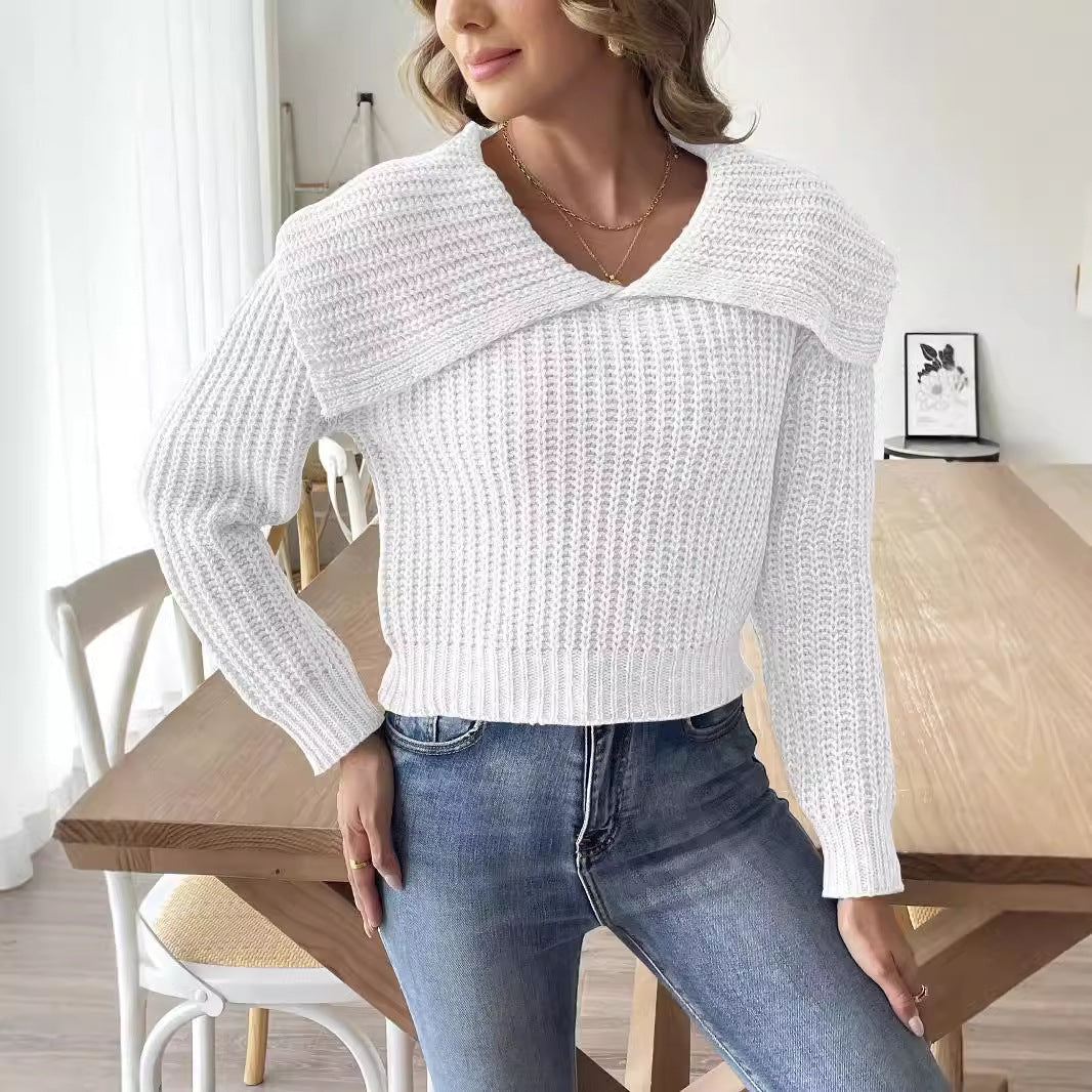 Ladies' Short Knit Sweater with Turn-Down Collar, Crochet Knit Top,Women's Pullover Sweater
