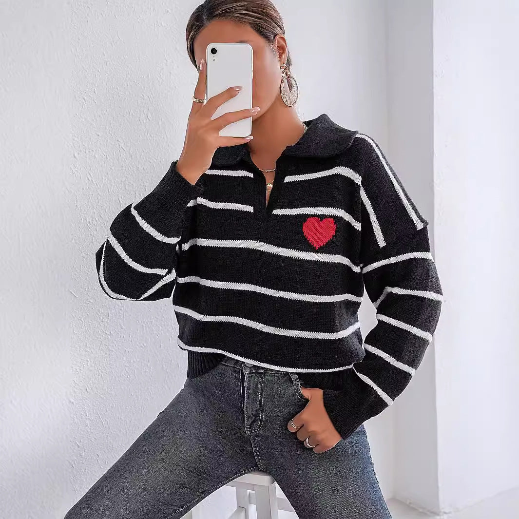 Lady Knit Sweater Top with Color Block Stitching, Stripe and Heart Pattern, Polo Neck