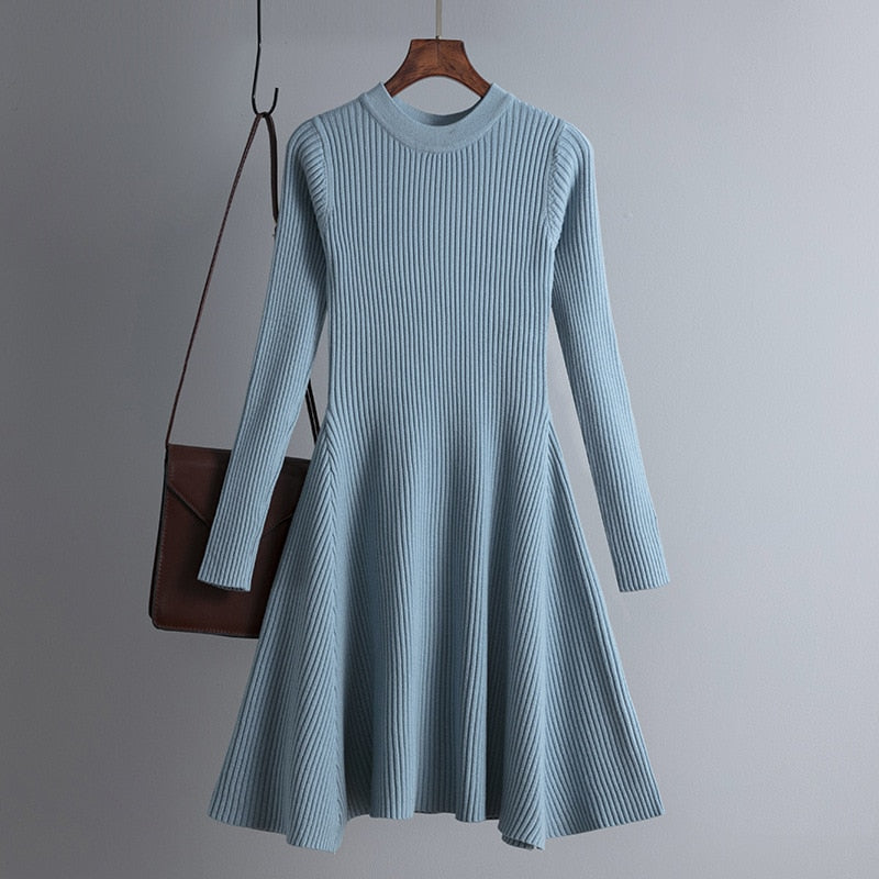 Vestido corto de punto grueso para mujer con corte en A, básico y elegante para otoño e invierno