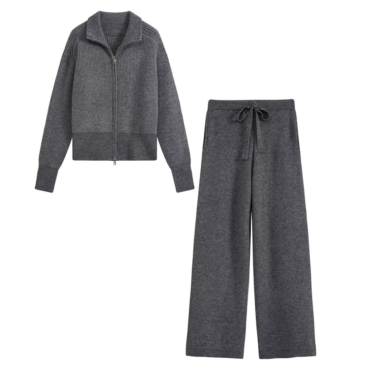 Conjunto de jersey de punto con cuello amplio y cremallera y pantalón para mujer