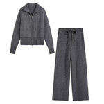 Conjunto de jersey de punto con cuello amplio y cremallera y pantalón para mujer