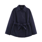 Slanted breasted buckle with waist belt woolen coat for women