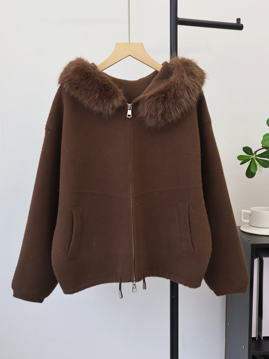 Double zipper hooded jacket for women