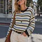 Color blocking striped loose single breasted long sleeved sweater