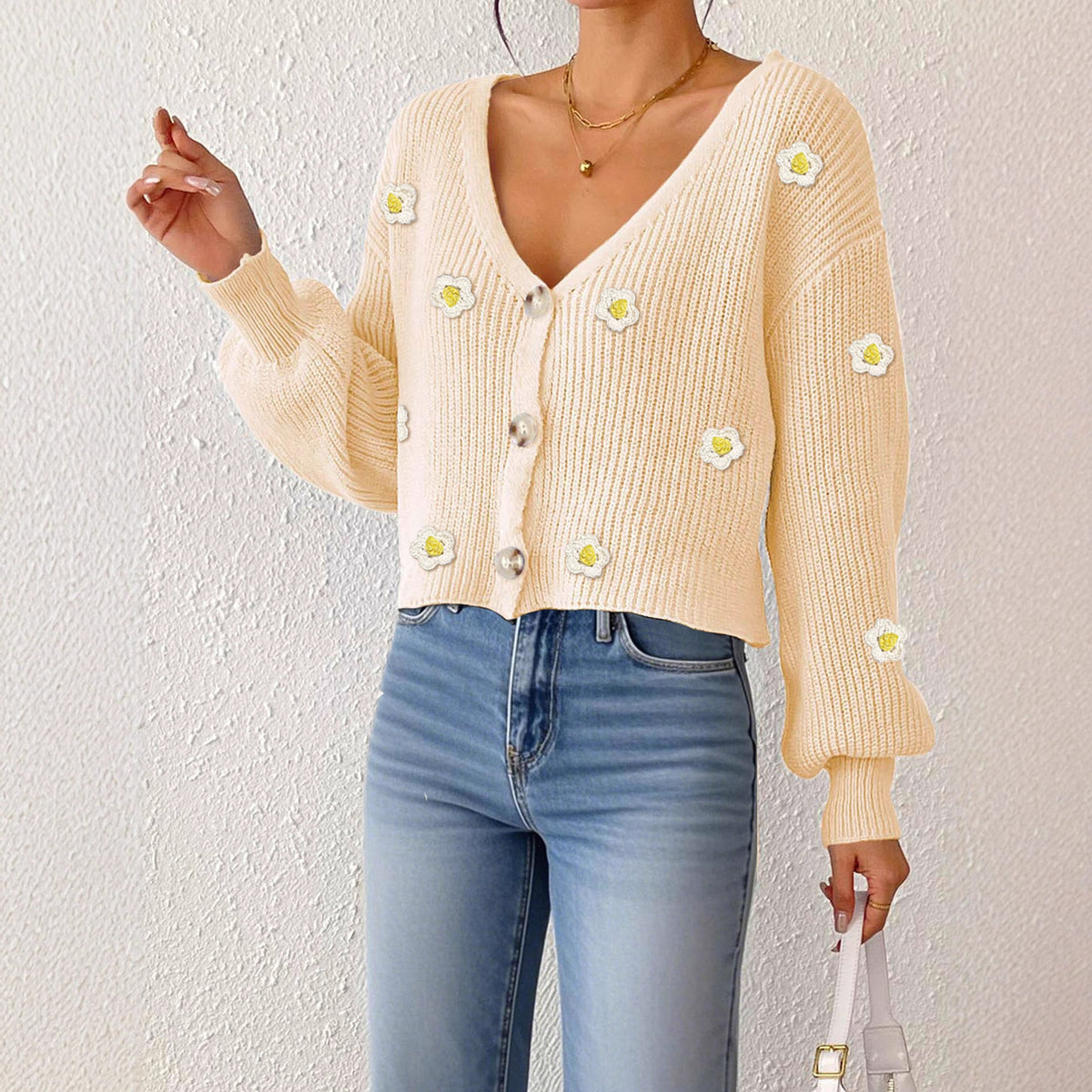 Cardigan for Women with Hand-Crocheted 3D Flower Splicing, Loose Long Sleeve Short Coat