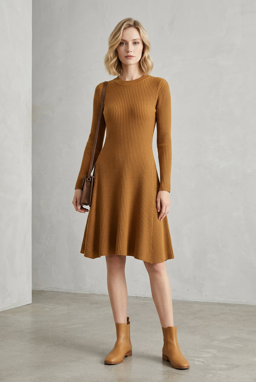 Vestido corto de punto grueso para mujer con corte en A, básico y elegante para otoño e invierno