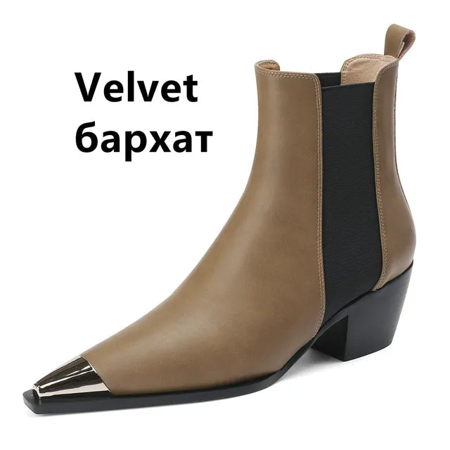 Botines Chelsea de piel auténtica para mujer con tacón ancho y adorno metálico, para otoño e invierno