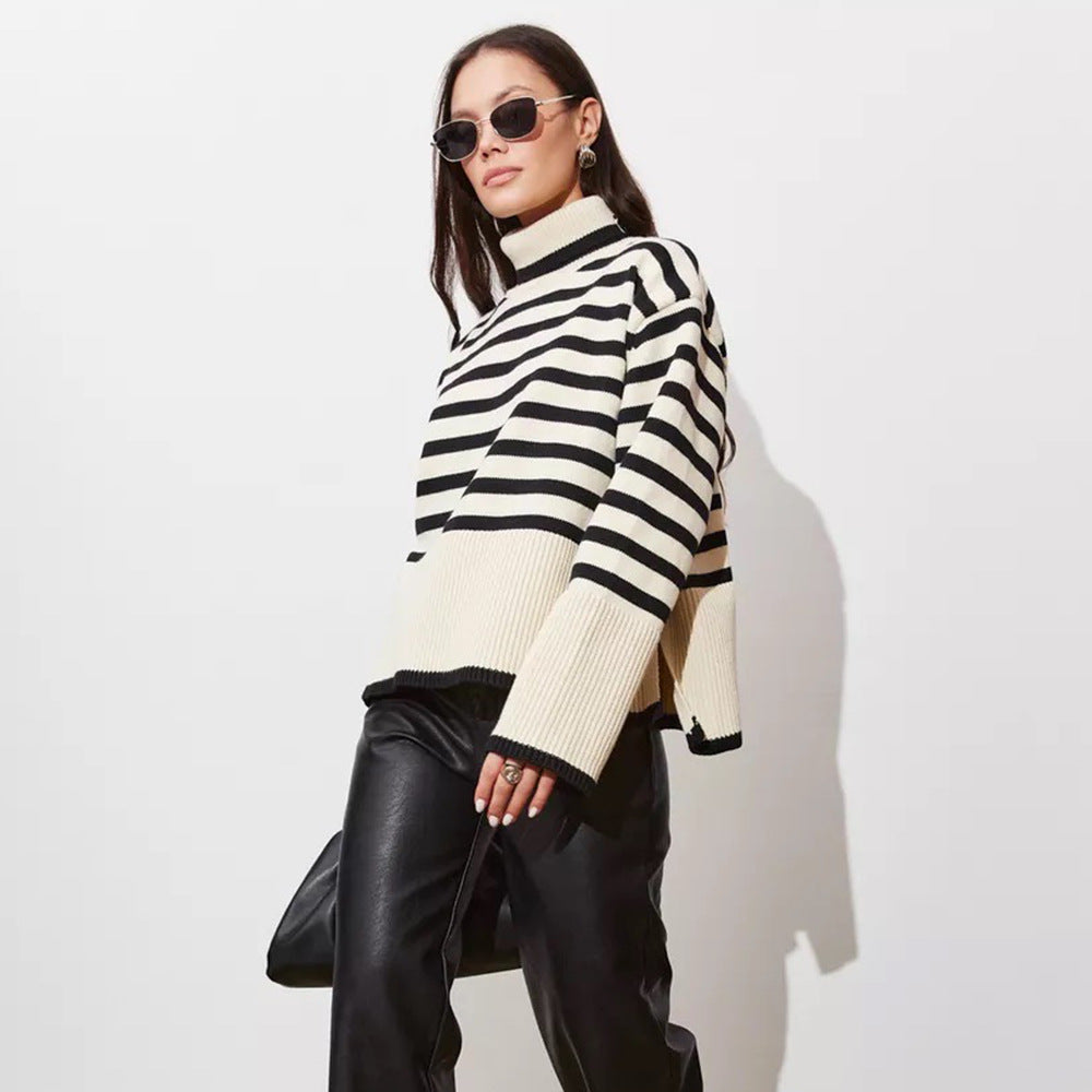 High Neck Stripe Knitwear Women's Top