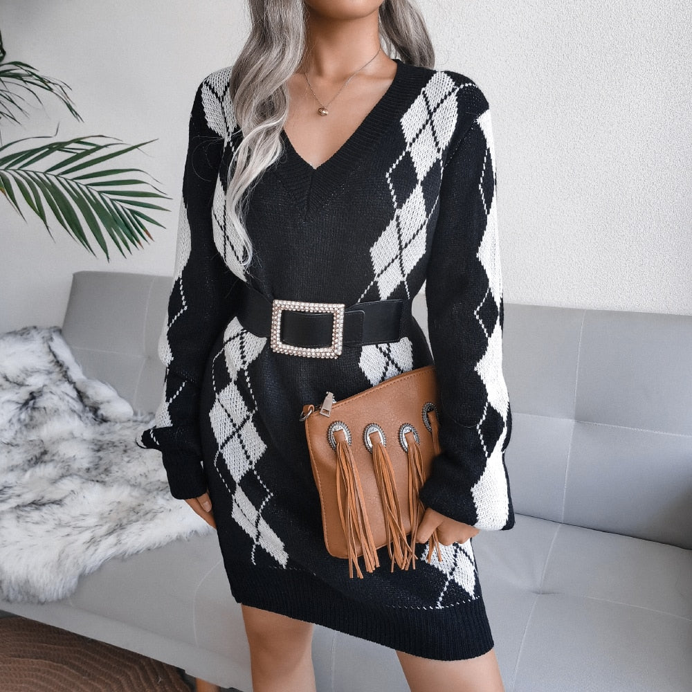 Vestido de punto para mujer con hombros descubiertos y manga larga abullonada, para otoño e invierno