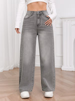 Washed Sky Gray High-Waisted Wide-Leg Denim Pants for Women