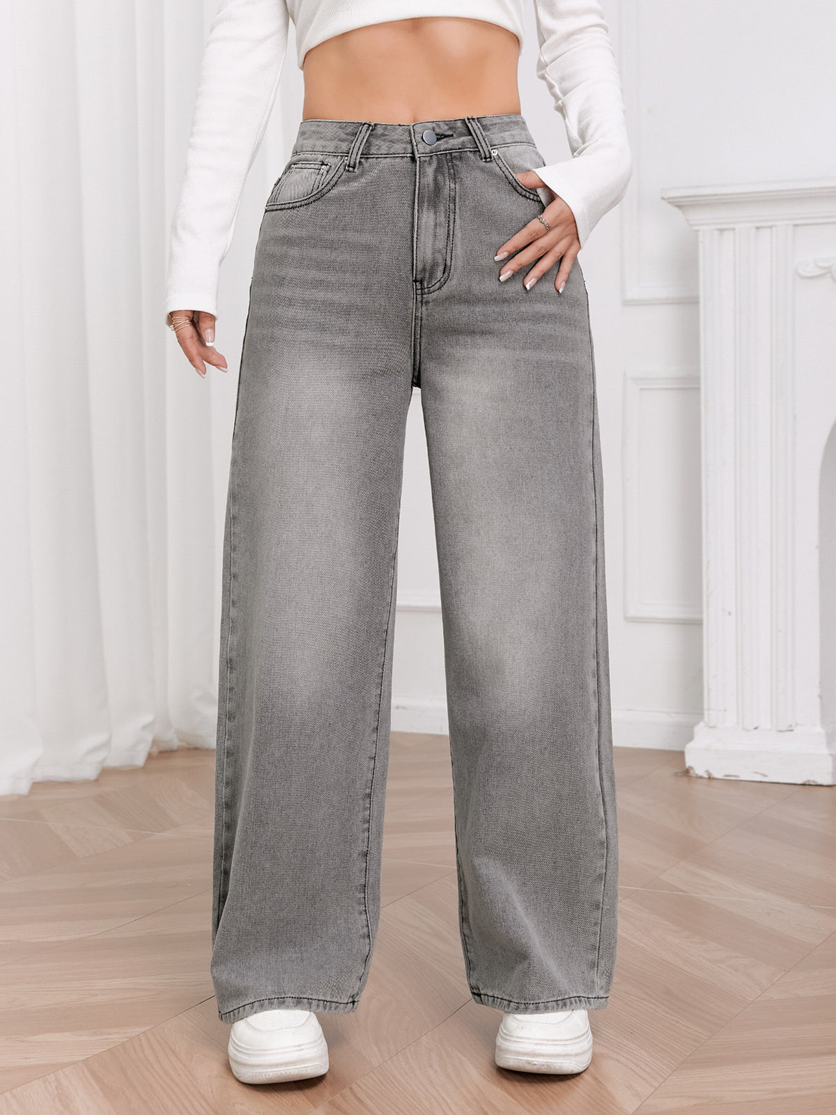 Washed Sky Gray High-Waisted Wide-Leg Denim Pants for Women