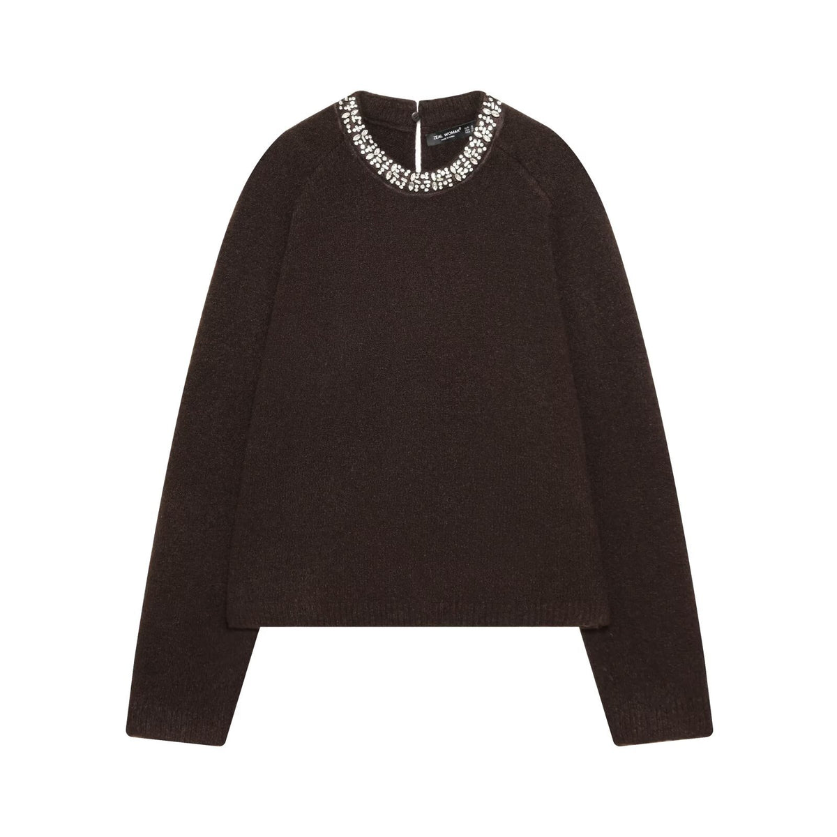Long sleeved round neck jewelry bead collar knitted sweater