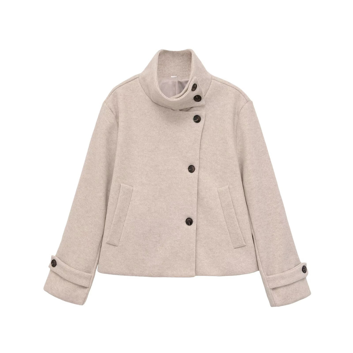 Slant breasted single breasted standing collar woolen coat for women
