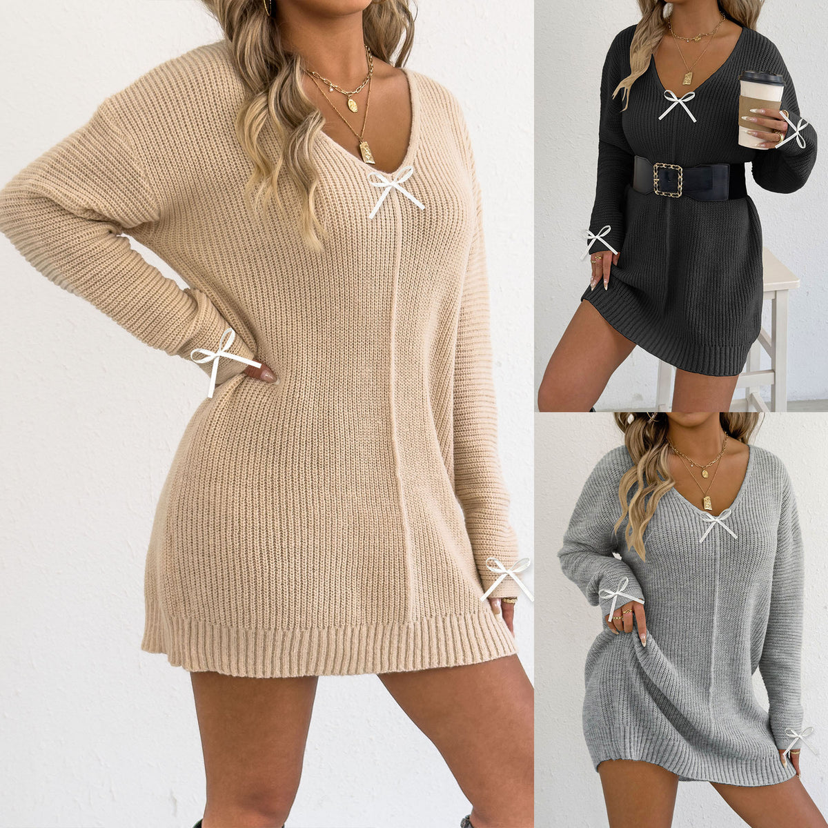 Vestido de punto sexy para mujer con escote en V pronunciado, lazo y manga larga, sin cinturón