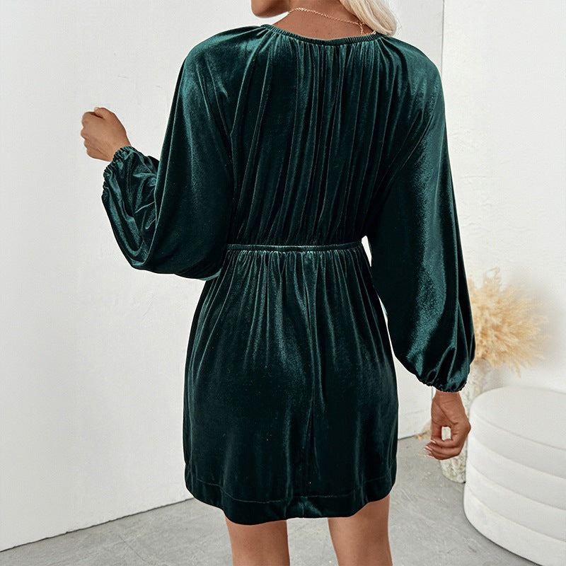 Vestido de terciopelo liso para mujer con manga farol y escote en V profundo