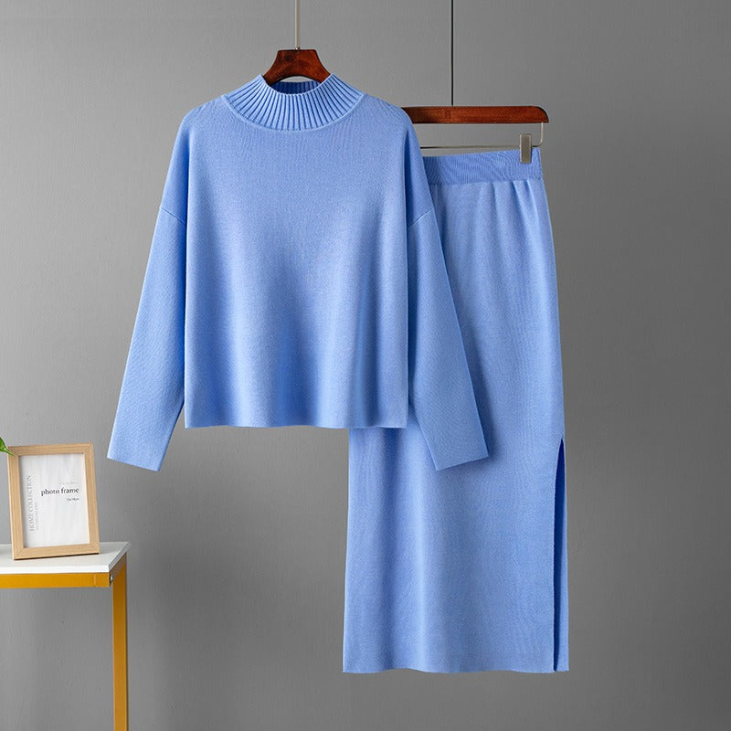 Conjunto de punto de dos piezas para mujer con jersey de cuello alto y falda larga recta, abrigado para invierno.