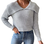Ladies' Short Knit Sweater with Turn-Down Collar, Crochet Knit Top,Women's Pullover Sweater
