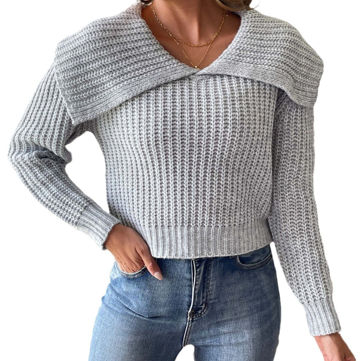 Ladies' Short Knit Sweater with Turn-Down Collar, Crochet Knit Top,Women's Pullover Sweater