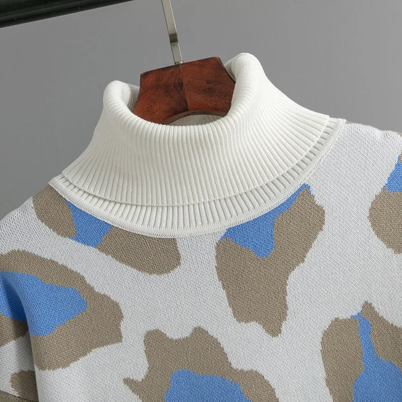 Vestido largo de punto para mujer con cuello vuelto y estampado de leopardo, holgado para otoño e invierno