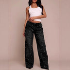 Women's nail bead washed jeans, women's high waisted straight leg pants, spicy girl pants