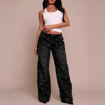 Women's nail bead washed jeans, women's high waisted straight leg pants, spicy girl pants