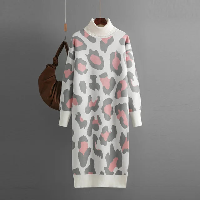 Vestido largo de punto para mujer con cuello vuelto y estampado de leopardo, holgado para otoño e invierno
