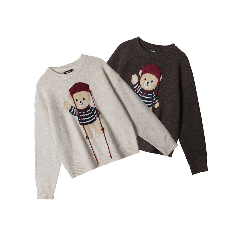 HeyHenry Bear Couple Sweaters Round Neck Loose Knit Pullover Casual Inner