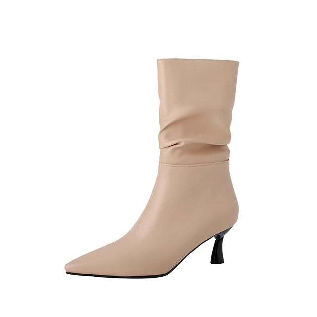 Botas de media caña para mujer con punta fina, tacón de 5 cm, diseño fruncido y forro cálido