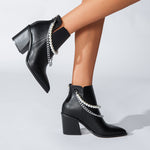 Botines para mujer con punta fina, tacón ancho de 8 cm y adorno de cadena, para otoño e invierno